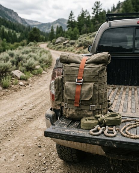 Canvas rucksack on a truck tailgate at the head of a mountain trail
