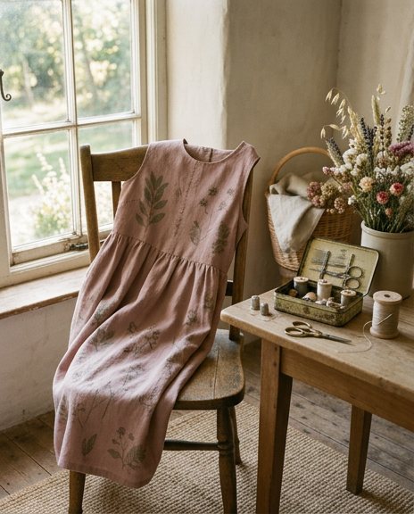 Dusty-pink linen dress over a wooden chair in a bright rustic room