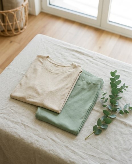 Folded cream and sage tees with a eucalyptus sprig on white linen