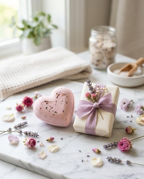 Ribbon-tied soap bars on marble, scattered with dried flowers and lavender