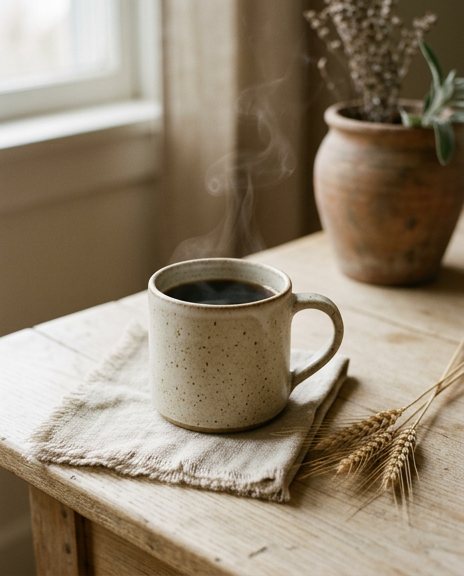 Speckled stoneware mug of coffee on a linen runner beside a dried-flower vase