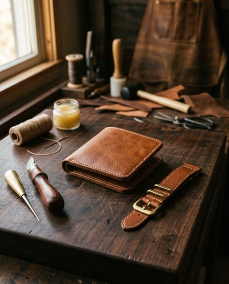 Leather wallet and watch strap laid out on a dark workbench by a window