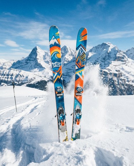 Two hand-painted skis planted in fresh snow on an alpine ridge