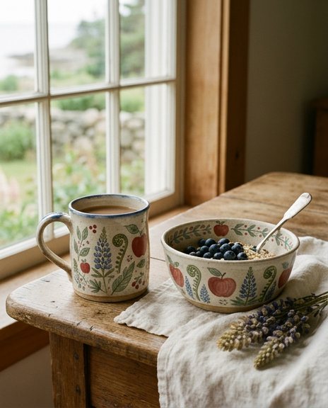 Floral-painted mug and berry bowl on a rustic table by a window