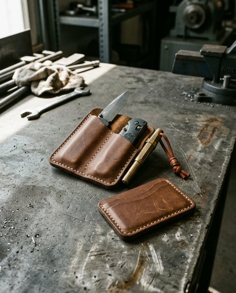 Folding knife and leather wallet on a worn steel workbench