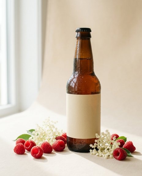 Amber bottle with a blank cream label, styled with raspberries and elderflower