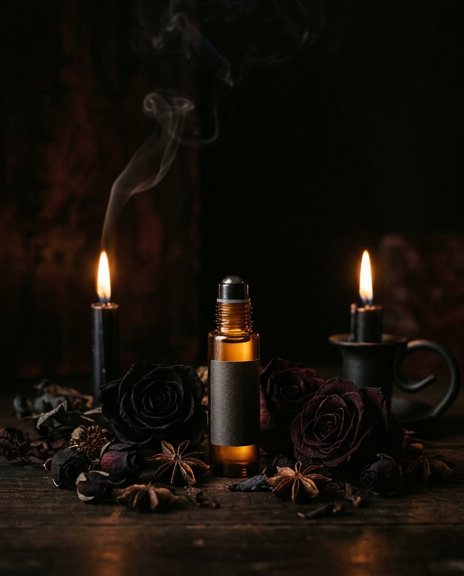 Amber fragrance bottle between two lit candles in a dark botanical still life