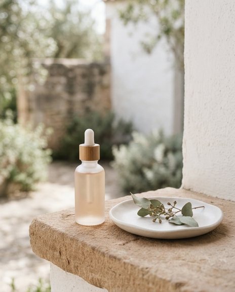Dropper bottle and ceramic dish on a stone ledge in a garden courtyard