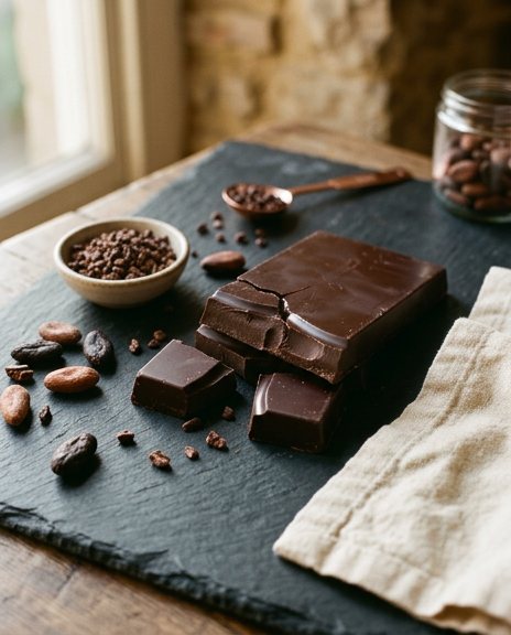 Broken dark chocolate bar with cocoa nibs and beans on slate
