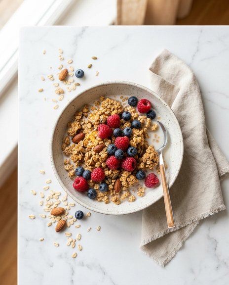 Granola bowl with berries and a linen napkin on white marble, shot from above