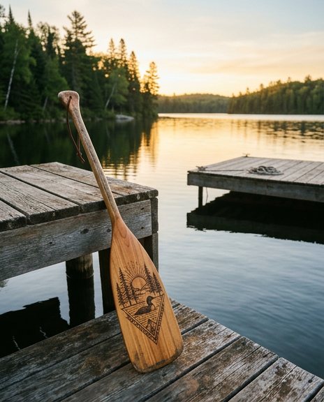 Wooden canoe paddle resting on a lake dock at sunset
