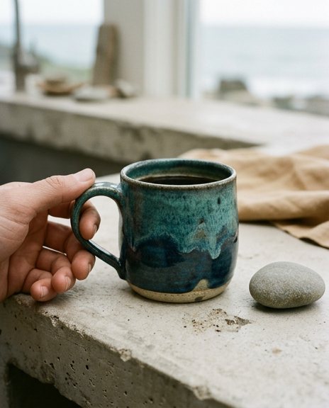 Hand holding a speckled teal mug on a concrete ledge by the sea