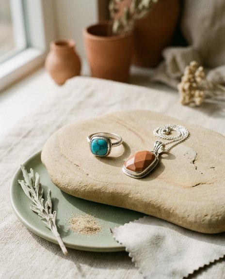 Silver and turquoise rings on a sand-toned stone with an olive sprig