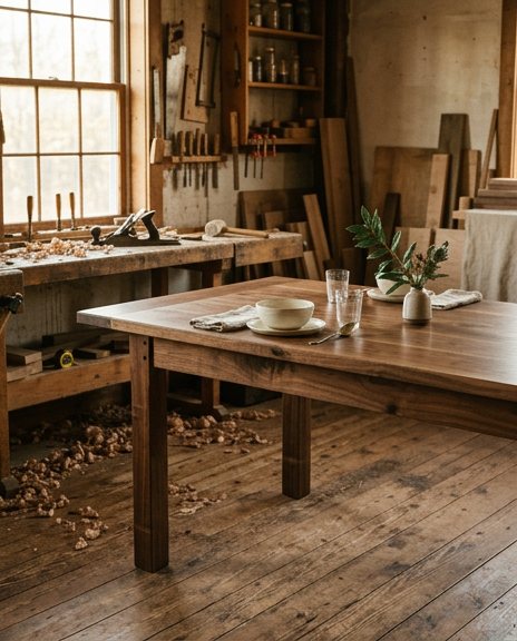 Finished oak table in a sunlit workshop with shavings across the floor