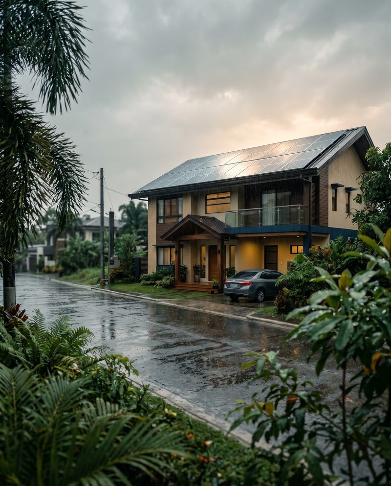 Watts Up Energy — cinematic mood: solar home in Philippine rain